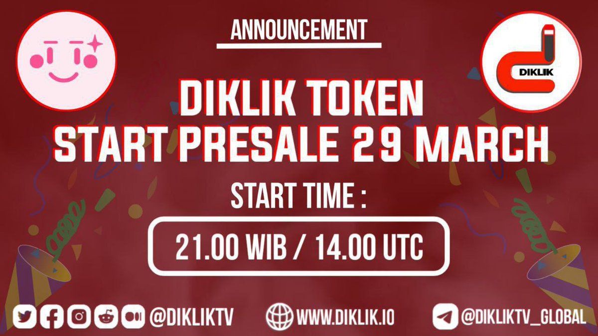 Hello Diklikkers...
Are You Ready For Buy Presale 🔥🔥

PRESALE LIVE NOW 
ON PINKSALE 🔥🔥

LINK PRESALE : pinksale.finance/#/launchpad/0x…

SC 150 BNB - HC 300 BNB
MIN BUY 0.1 BNB &amp; MAX BUY 1 BNB

#diklik #DiklikToken $Diklik #Presale #Pinksale