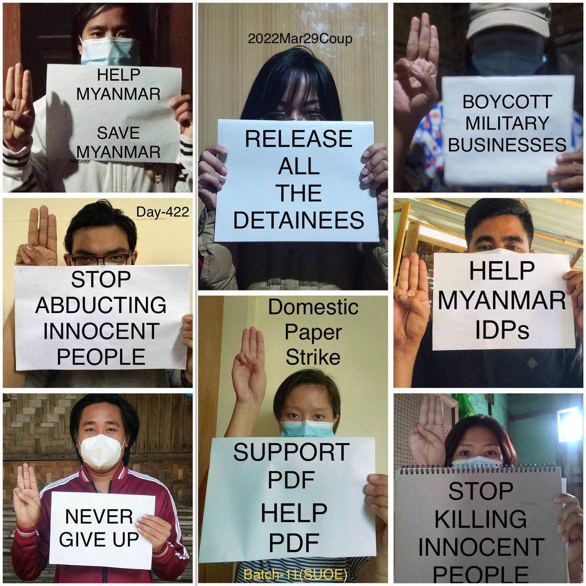 8 CDMer teachers, BEd [Batch-11], from Sagaing University of Education staged an anti-coup domestic strike as 422nd day. 🪧 #2022Mar29Coup #WarCrimesOfJunta #WhatsHappeningInMyanmar