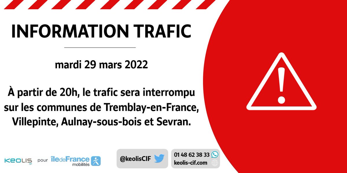 Sur la décision du <a href="/Prefet93/">Préfet de la Seine-Saint-Denis</a>, le trafic #bus sera interrompu ce soir dès 20h sur les communes de <a href="/VilleTremblay/">VilleTremblay</a>, <a href="/AulnaySousBois/">Ville d'Aulnay-sous-Bois</a>, <a href="/Sevranville/">Ville de Sevran</a> et <a href="/VilleVillepinte/">Ville de Villepinte</a> en <a href="/seinesaintdenis/">Département de Seine-Saint-Denis</a>.
Il devrait reprendre vers 4h du matin.
Nous vous tiendrons informés de l'évolution de situation.