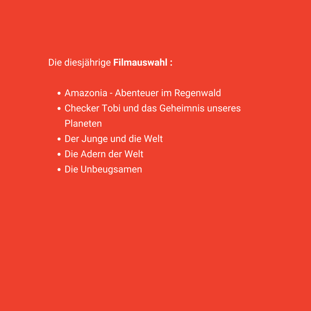 SKW_BW's tweet photo. Das Filmprogramm zu den Zielen für eine nachhaltige Entwicklung.

#filmbildung #skw #kino #film #edubw #17Ziele
#medienpädagogik https://t.co/qTcdXeZQl5