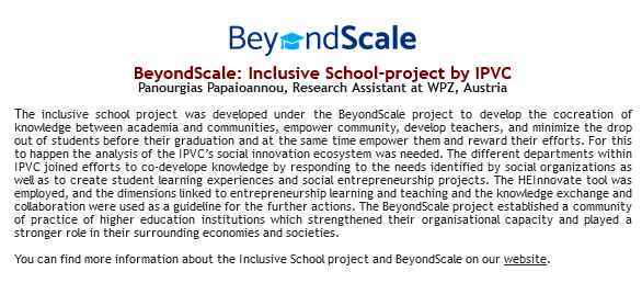 ipvc_twit's tweet image. O projeto #EscolaInclusiva do @ipvc está em destaque na #newsletter de março do projeto @BeyondScale_EU. O Escola Inclusiva foi desenvolvido no âmbito do #BeyondScale com recurso à metodologia @HEInnovate.
+ Info!👇
mailchi.mp/aesisnet/aesis…