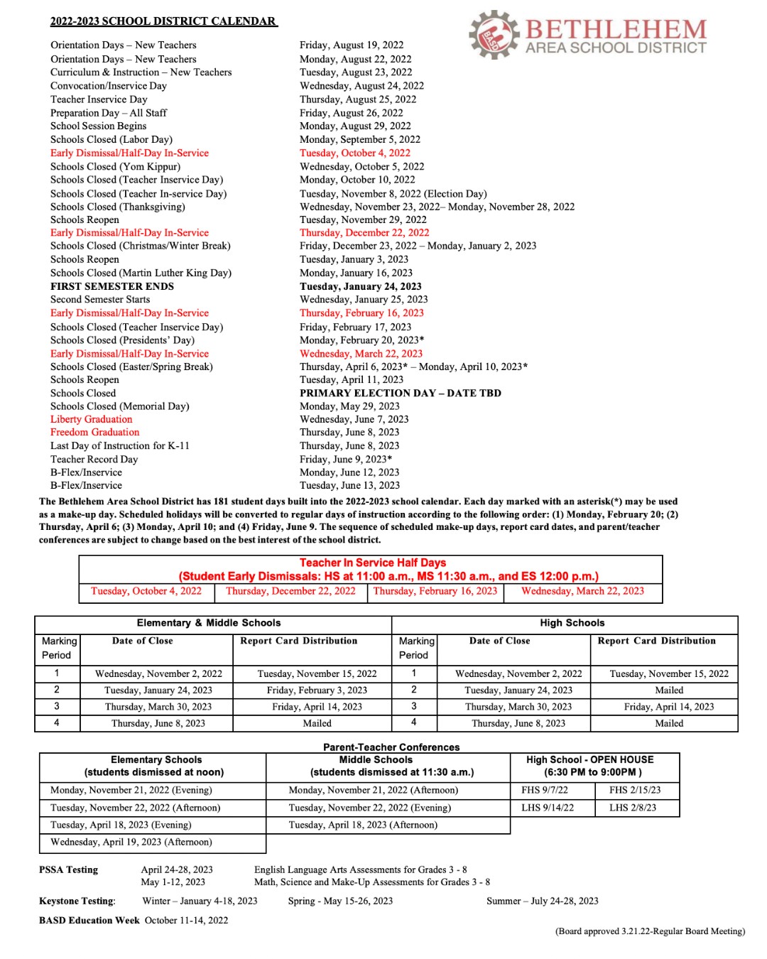 Bethlehem Area School District Calendar 2025 26