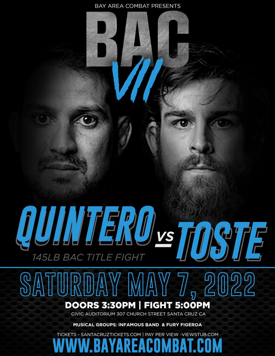 Bayareacombat's tweet photo. SANTA CRUZ !!! BAC will be back in town May 7th at the Civic Center. Get your tickets or VIP table:
https://t.co/0MAudkdT8H
#bac #bayareacombat #santacruz #mma https://t.co/vRIBtfKBKB