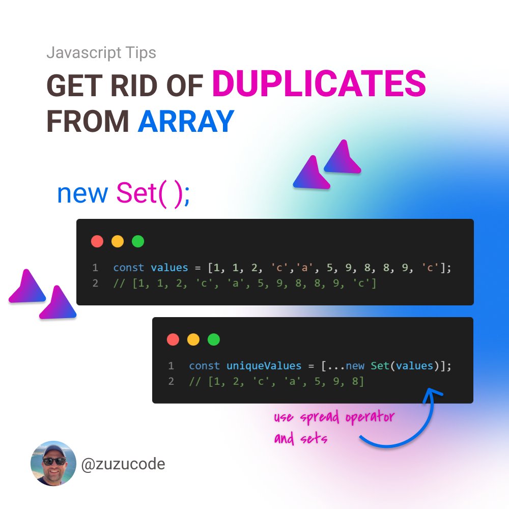 zuzucode's tweet image. Javascript Tips - Unique Values
The constructor of Set takes an iterable object, like an Array, and the spread operator ... transform the set back into an Array.
#es6 #javascriptarrays #javascript #javascripttutorial  #javascriptlearning #javascripttips #javascriptislife