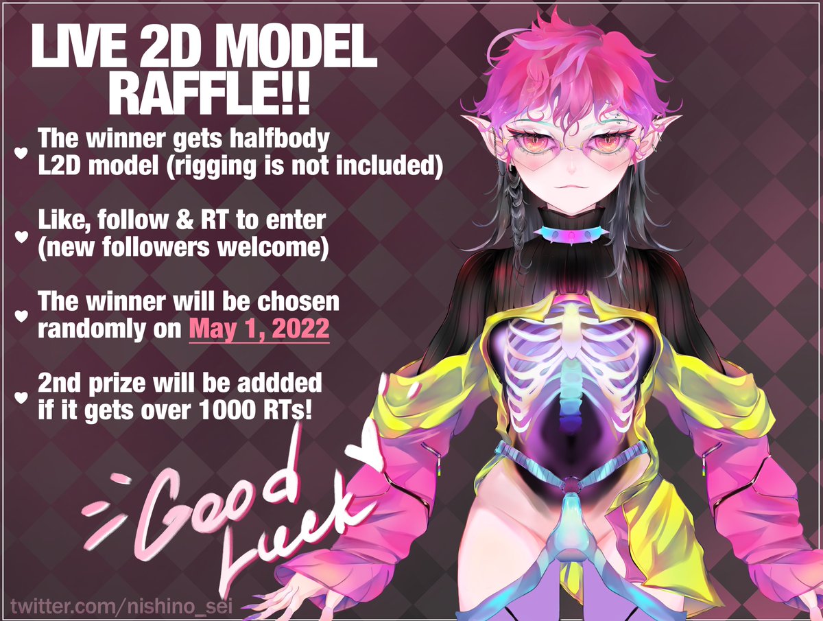 nishino_sei's tweet photo. Live 2D Model Raffle!
✧ The winner gets halfbody l2d model (rigging is not included)
✧ Like+follow+RT to enter (new followers welcome)
✧ The winner will be chosen randomly on May 1, 2022
✧ I will add 2nd prize if it gets over 1000 RTs
#live2draffle #Live2D  #Vtuber #ENVtuber https://t.co/LeEweQeQQp