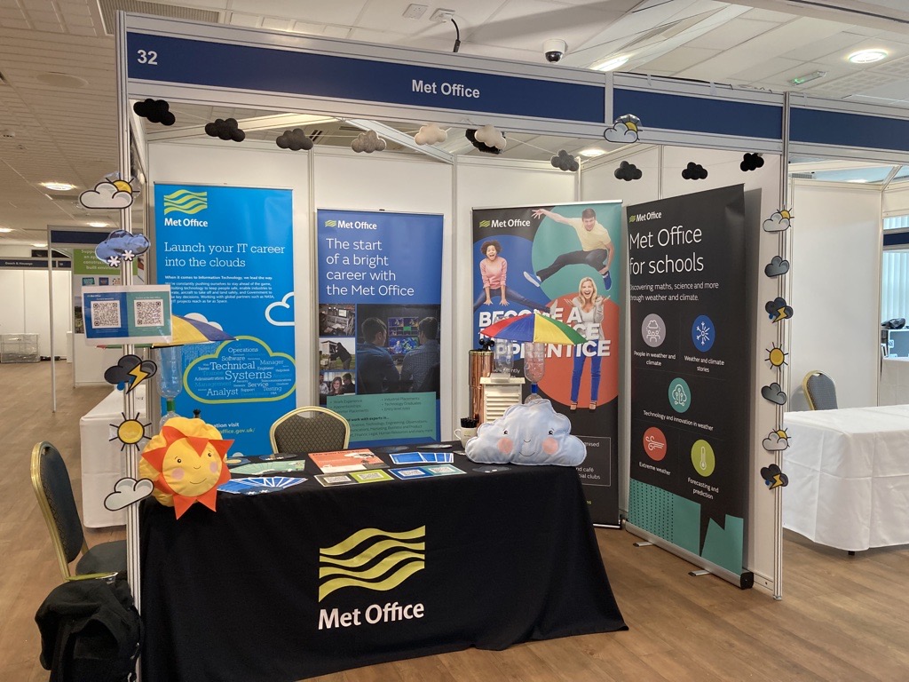 MetOfficeLearn's tweet photo. We’re exhibiting at the #NASSOUTHWEST at Sandy Park, Exeter today &amp; tomorrow to promote our apprenticeship opportunities! If you are visiting come and say hello.

Hear from some of our apprentices about their experiences of working at the Met Office 👉 https://t.co/oLGaidhFvC https://t.co/dL9j6pL6hr