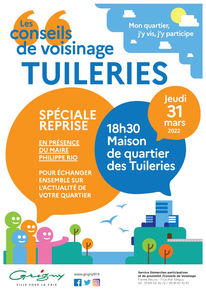 villedegrigny91's tweet photo. 🗣 Après la spéciale reprise de la semaine dernière à la Grande Borne, c'est au tour des habitants des Tuileries de profiter de la reprise de leur Conseil de Voisinage.

👉🏽 Il se dérouler ce jeudi 31 mars, à partir de 18h30, à la Maison de Quartier des Tuileries. 💬 https://t.co/yZzRcKY0pT