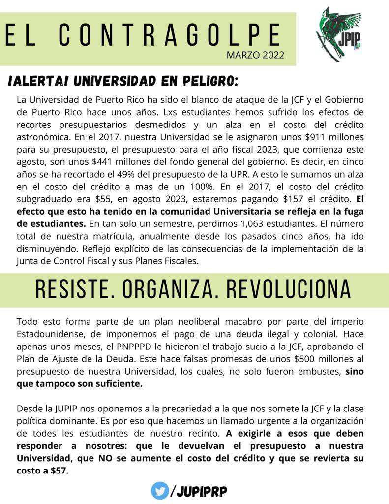 JUPIPRP's tweet photo. Por ahí anda la JUPIP-RP repartiendo su boletín de marzo. Lo compartimos por aquí también. 

Mañana estaremos en la FACULTAD DE EDUCACIÓN a las 5pm en el PLENO ESTUDIANTIL https://t.co/6kgmpXzMcA