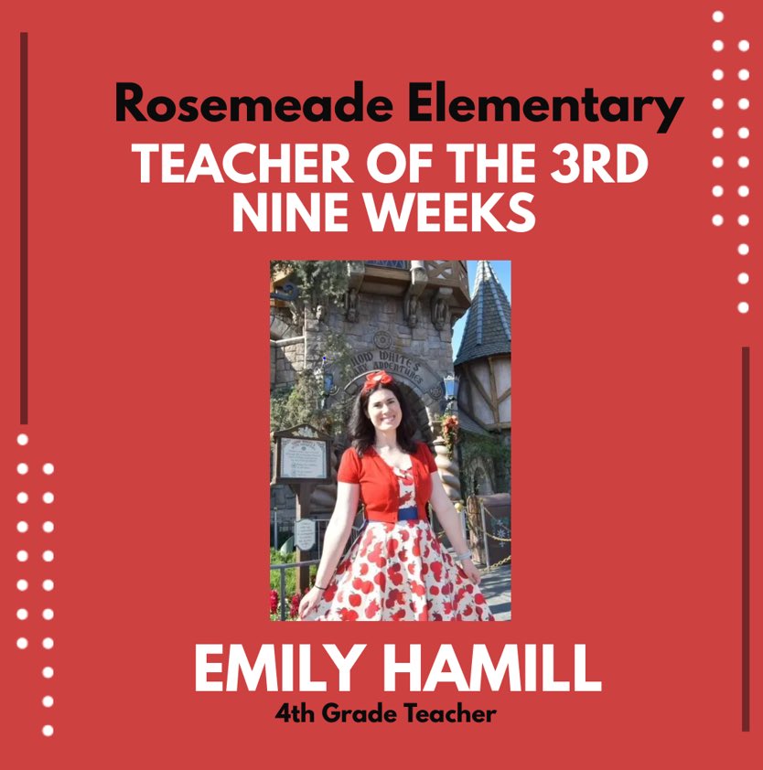 RosemeadeElem's tweet photo. Congratulations to our Teacher of the 3rd Nine Weeks, Ms. Emily Hamill. https://t.co/I77d5ikaal