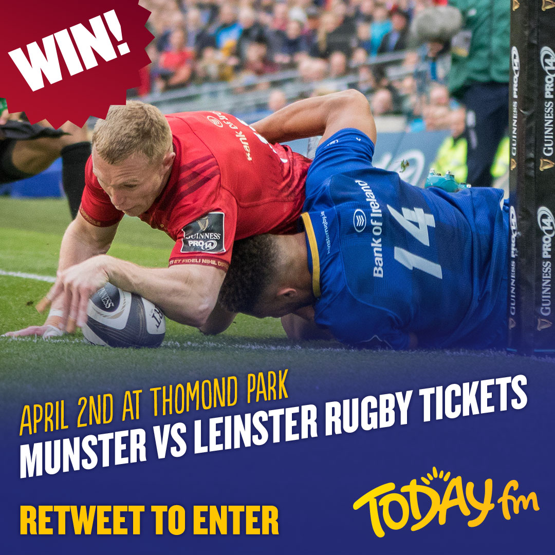 TodayFM's tweet photo. 🏉 Do you want TWO tickets to see Munster VS Leinster at Thomond Park this Saturday? 🏉

All you have to do is RETWEET this tweet to enter ⬇️

Winner announced tomorrow. Terms &amp; Conditions apply. Good Luck! ☘️ https://t.co/fTlbQ4BKxk