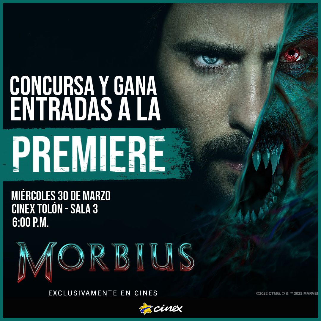 CinexVe's tweet photo. ¡Acompáñanos a la premiere de #Morbius! #ConcursoCinex

Para participar:
1️⃣   Síguenos. 
2️⃣   Haz RT a este tweet y menciona a tu acompañante (debe seguirnos).

¡Tienes hasta mañana a las 11 am!
Suerte, Cinéxfilos
#Concurso https://t.co/qKuBTjSoCy