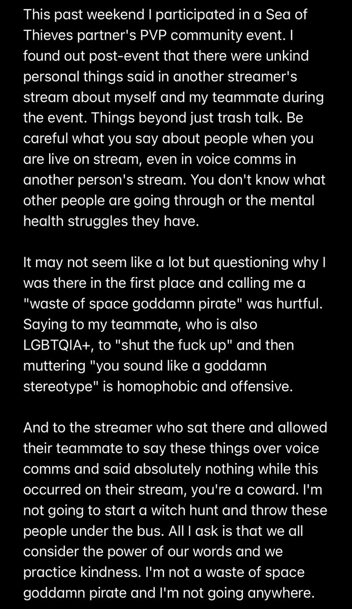 CapnAxe's tweet photo. I know I'm not a "waste of space goddamn pirate," but it still hurt when I heard it. We all need to practice a bit more kindness and civility, especially if you're broadcasting or participating in voice comms on somebody's stream. Words have meaning. #SeaOfThieves https://t.co/NlXEoROpDs