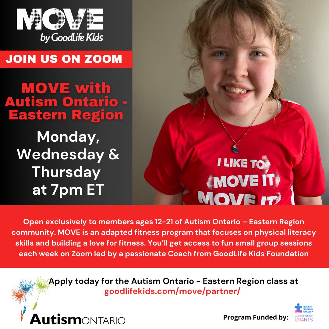 Thanks to an @autismspeaksCAN Community Grant, the cost of programming for the Autism Ontario Eastern Region MOVE by GoodLife Kids program for youth with autism will be covered this year.

To learn more please contact kyla.crocker@goodlifekids.com