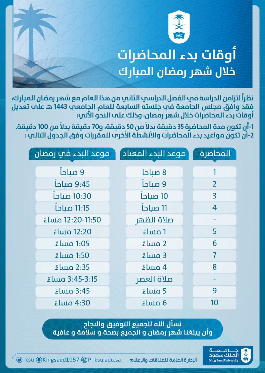 أوقات بدء المحاضرات خلال شهر #رمضان المبارك