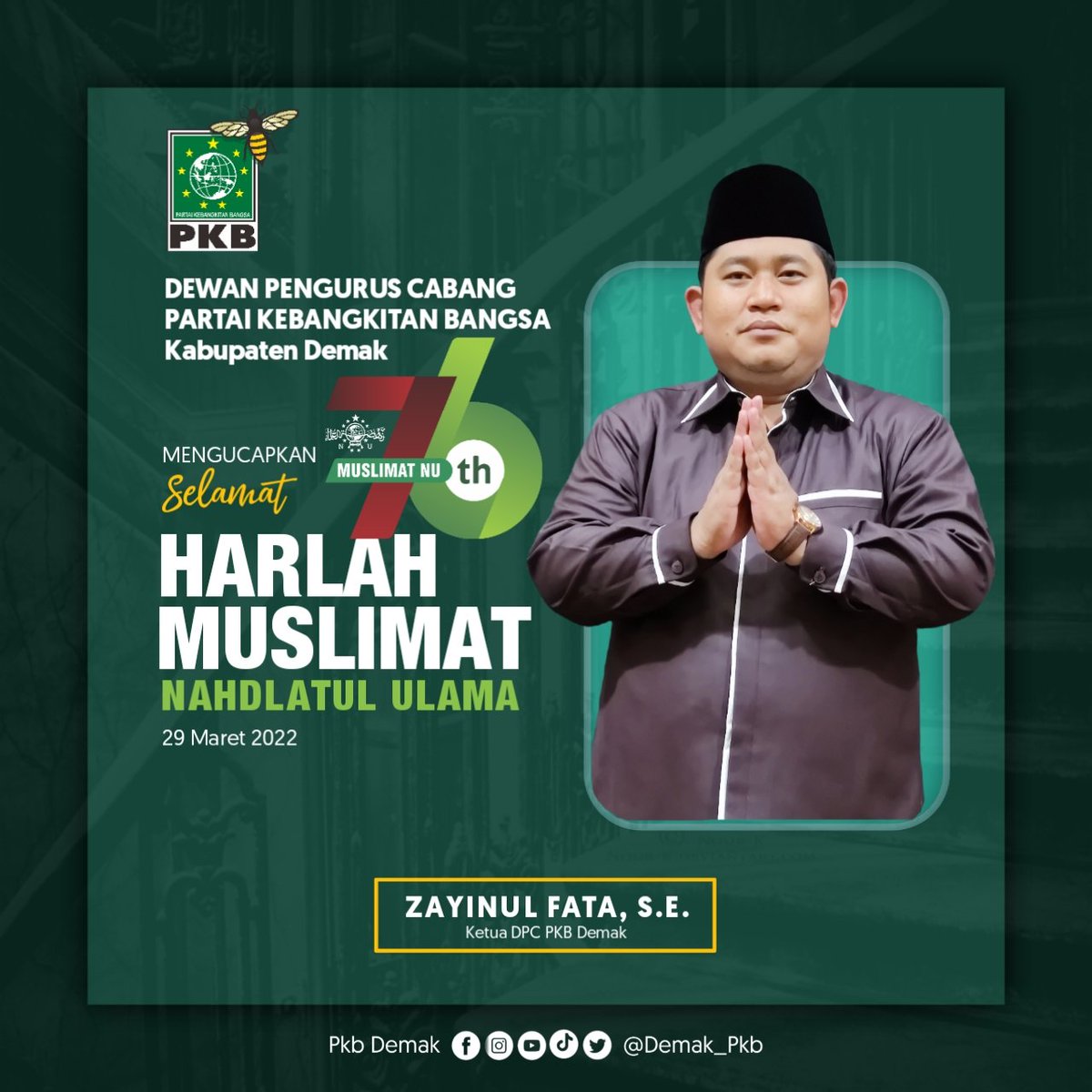 Selamat Harlah ke 76 tahun Muslimat Nahdlatul Ulama <a href="/Muslimat_NU/">Muslimat NU</a>

Hidmah Muslimat NU untuk Indonesia: Berdaulat dan Sejahtera

Gus Muhaimin <a href="/cakimiNOW/">A Muhaimin Iskandar</a>
Ketua Umum <a href="/DPP_PKB/">DPP PKB</a>
______
Cc. @KangFathanNow <a href="/kang_zayin/">Zayinul Fata</a>
#GusMuhaimin #MuhaiminIskandar
#PKB_Demak
#HarlahMuslimatNU76