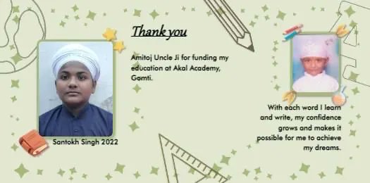 EducateToSave's tweet photo. #BaruSahib #EducateToSave #TheKalgidharTrust #RuralEducation
Thank you Amitoj Uncle ji for funding my education at Akal Academy, Gomti. With each word I learn and write, my confidence grows and makes it possible for me to achieve my dreams.
Santokh Singh ~#AkalAcademyGomti https://t.co/74iO4pGIcW