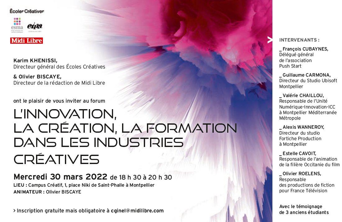 Le forum emploi c'est demain à l'ESMA #Montpellier ! 
Ubisoft, Fortiche Production et l'équipe d'Un si Grand Soleil viennent parler orientation, emploi, formation, dans le monde des industries créatives ! Inscrivez-vous vite, c'est gratuit !
🎟 Inscription ➡ cginel@midilibre.com