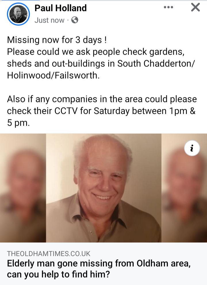 Please share this post - a friend's father has been missing for 3 days ! 
#failsworth #chadderton #OldhamHour #hollinwood #MissingPerson #oldham