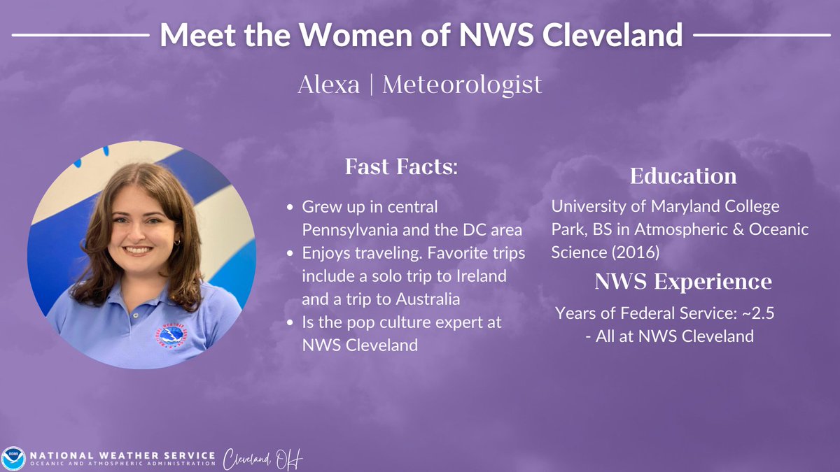 NWSCLE's tweet photo. We continue to show off our NWS meteorologists in Cleveland. Today we spotlight Alexa! Alexa has spent her entire NWS career in Cleveland. She is involved with our hydrology, Weather Ready Nation and outreach teams! #WomensHistoryMonth https://t.co/B1IhTgihVu