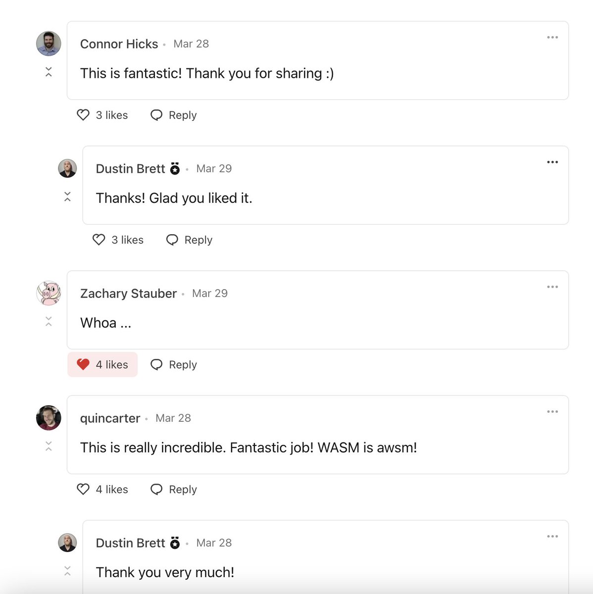 bendhalpern's tweet photo. Really happy to see @WasmBuilders continuing the culture of more-often-than-not supportive comments which we've tried to cultivate on DEV.

Independent communities can thrive with @forem. 🌱

https://t.co/u33I5BssyC https://t.co/GsCBBKjVj0