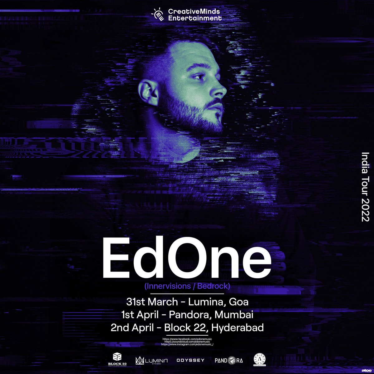 Handle_Rahul's tweet image. #CMETour with EdOne kicks off on Thursday. 

Thu, 31/3 - Lumina By The Beach, #Goa
Fri, 1/4 - Pandora, #Mumbai 
Sat, 2/4 - @Block22Hyd #Hyderabad 

Tickets Here : linktr.ee/cmeindia