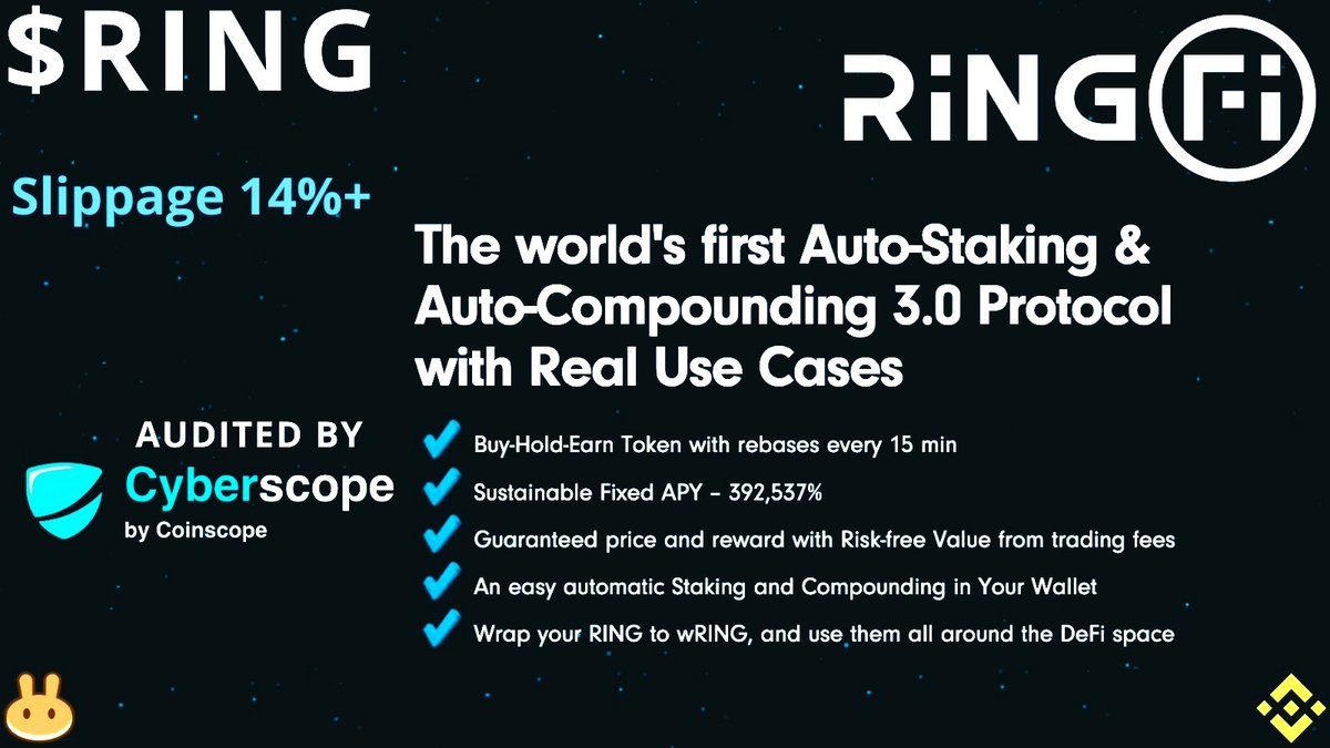TClippex's tweet photo. @OfficialJioTV $RING the world's first Auto-Staking &amp; Auto-Compounding 3.0 Protocol with Real Use Cases. Buy-Hold-Earn Token with #rebases every 15 min. Sustainable Fixed #APY – 392,537% &amp; much more. Could 10x 50x DYOR! 

Soon RFN NFTs!

#ringfiprotocol #BNB #Hodl #RingFi #NFT #tuesdayvibe https://t.co/QDMHFYO6NE