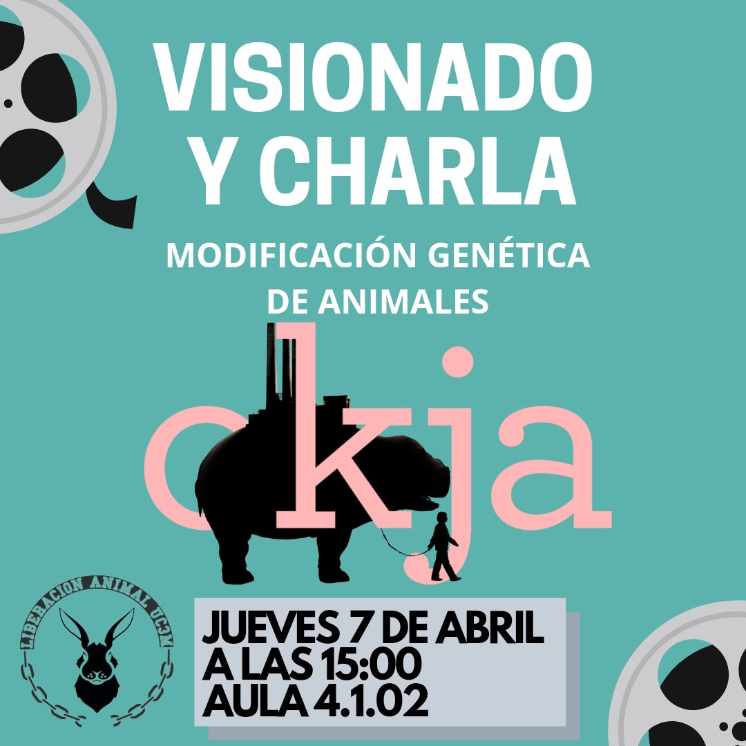 LibAnimalUC3M's tweet photo. 🍿 ¡Ven a ver OKJA con nosotras!

🐷 Además de ver la peli, hablaremos sobre la modificación genética de animales y las implicaciones que puede tener.

🗓 El JUEVES 7 de abril
🕒 A las 15:00
📍 En el aula 4.1.02 de la Facultad de CCSSyJJ

💚 ¡Te esperamos!
#animalistasuc3m https://t.co/sYdW4W0iAU