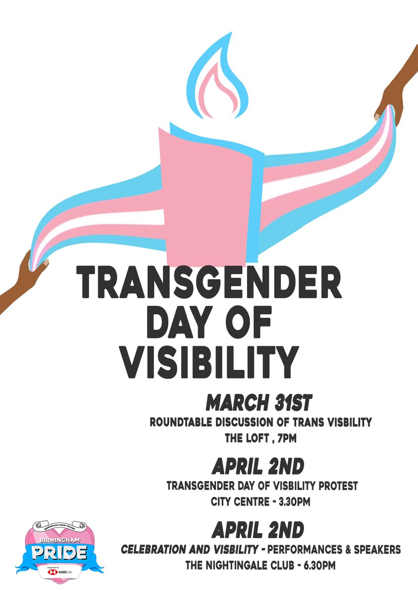 BirminghamPride's tweet photo. This weekend we are hosting several Transgender Day Of Visibility events! Take a look at the pictures attached to see what is happening across Birmingham.

Please come out and support us if you can! 🏳️‍⚧️🏳️‍🌈 https://t.co/Gk0q6Rw3xa