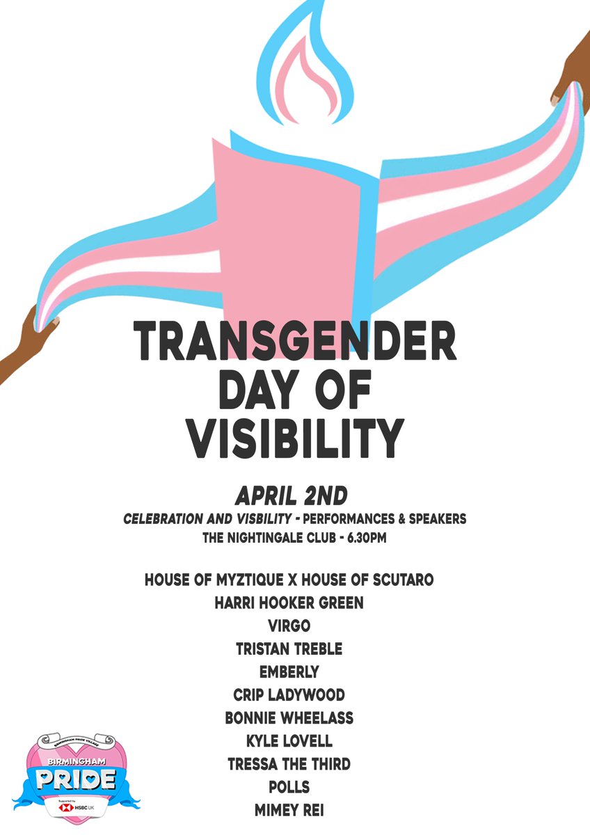BirminghamPride's tweet photo. This weekend we are hosting several Transgender Day Of Visibility events! Take a look at the pictures attached to see what is happening across Birmingham.

Please come out and support us if you can! 🏳️‍⚧️🏳️‍🌈 https://t.co/Gk0q6Rw3xa