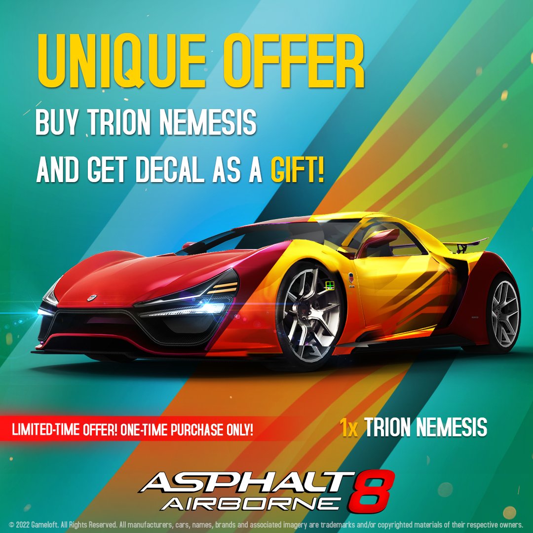 Only a few days left to grab this awesome deal in #Asphalt8 game offers,  don't miss it Racer! 😱 Rock the racing tracks with this unique decal 👉  https://t.co/IEQuPcb4sQ, image size:1080x1080