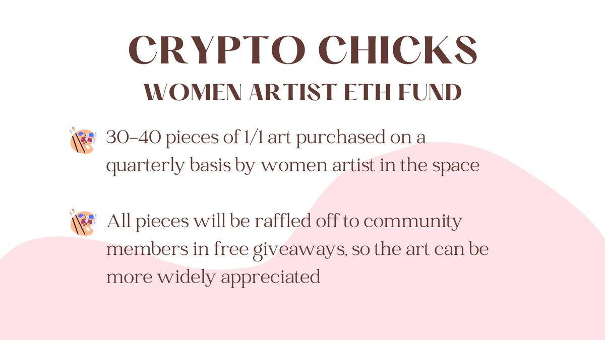 NFTCryptoChicks's tweet photo. We're excited to announce our quarterly Women Artist ETH Fund. Over the next few days, we will deploy 5 ETH to purchase 40 pieces of 1/1 artwork from women artists in the NFT space. 

Each piece will be raffled off as a free giveaway for our community members 💜 https://t.co/zX2cYwbBPF
