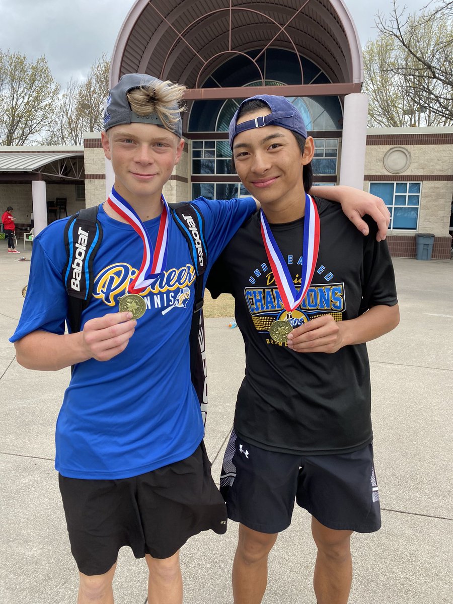 Pioneer_Tennis's tweet photo. DISTRICT CHAMPS and Regionals bound, Camo Slack and Ryan Rosalin Boys Doubles! @emsisdathletics @boswellhs https://t.co/cjwFIyjls4