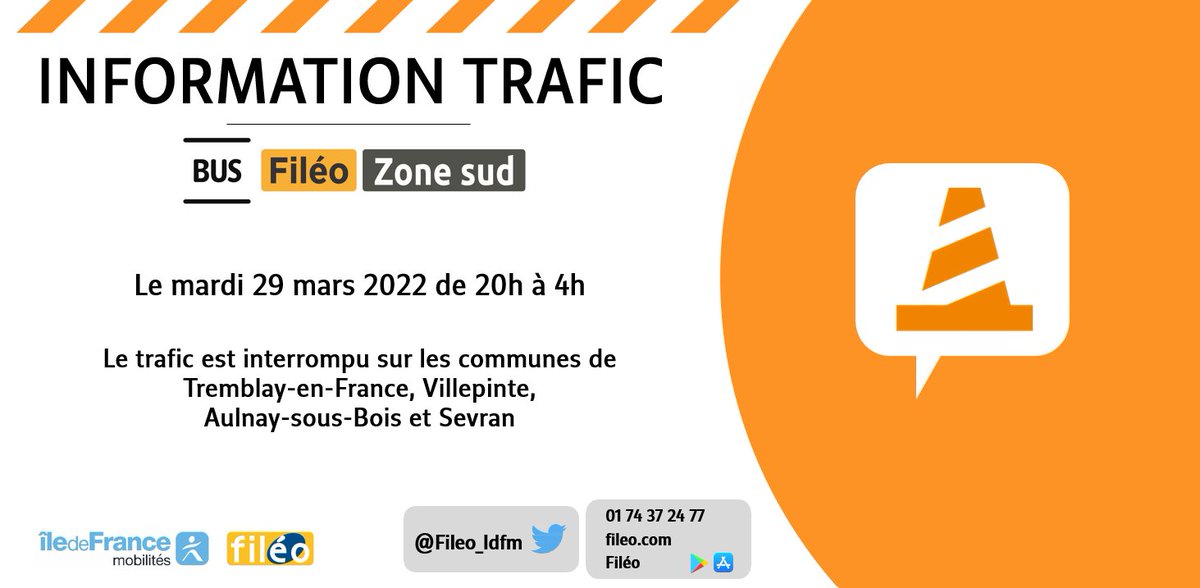 Sur décision du <a href="/Prefet93/">Préfet de la Seine-Saint-Denis</a>, les bus #Fileo ne circuleront pas ce soir dès 20h sur les communes de <a href="/VilleTremblay/">VilleTremblay</a>, <a href="/VilleVillepinte/">Ville de Villepinte</a>, <a href="/AulnaySousBois/">Ville d'Aulnay-sous-Bois</a>, <a href="/Sevranville/">Ville de Sevran</a> en <a href="/seinesaintdenis/">Département de Seine-Saint-Denis</a>. Le trafic devrait reprendre vers 4h. Nous vous tenons informés de l'évolution de la situation.