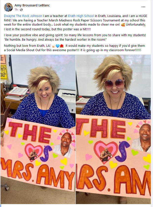 SusanDyce's tweet photo. Hey @TheRock my friend is an awesome teacher in Erath, Louisiana. She posted this on Facebook, but I'm sharing it with you here in the hopes you'll give her a shout out! She and her students will FREAK OUT. In a good way. https://t.co/JARx5E8BOB
