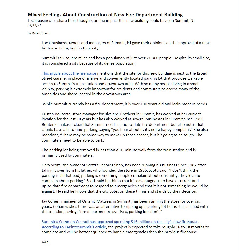notdylanrusso's tweet photo. Hi everyone! Sharing my first piece of work. Let me know what you think. This article focuses on how local business owners feel about the construction of the new fire department in the downtown summit.
Links:
https://t.co/ZmtCeHnJmH
https://t.co/TlCEZNG9Tp https://t.co/GyIX7PAUUF