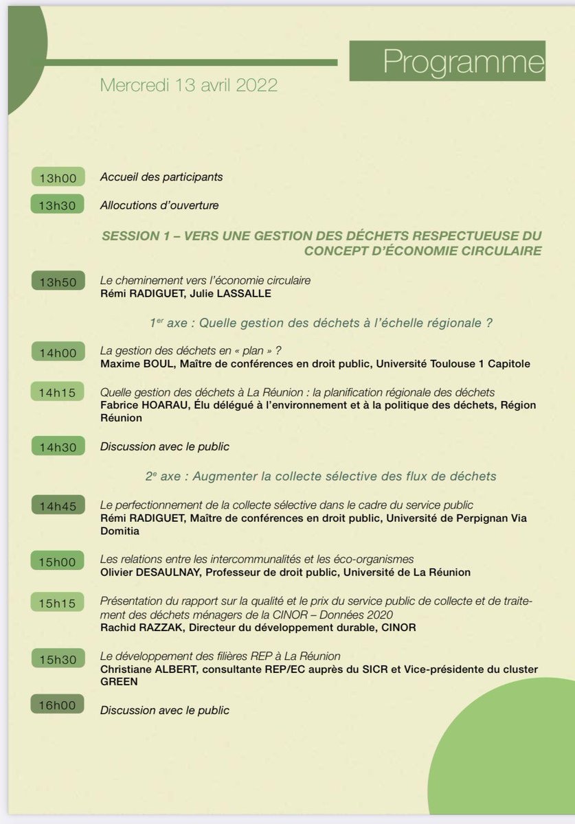 RadiguetRemi's tweet photo. Colloque les 13 et 14 avril @Univ_Reunion @FDEReunion sur le passage d’une économie linéaire à une économie circulaire : quelle(s) place(s) pour la gestion des déchets à La Réunion ! Inscription et programme ci-après (2 tweets)
@iejuc @IMH_Hauriou @cnfpt https://t.co/c81R1RyoRf