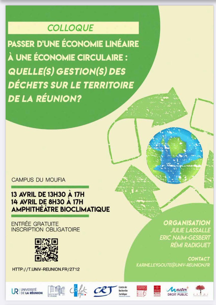 RadiguetRemi's tweet photo. Colloque les 13 et 14 avril @Univ_Reunion @FDEReunion sur le passage d’une économie linéaire à une économie circulaire : quelle(s) place(s) pour la gestion des déchets à La Réunion ! Inscription et programme ci-après (2 tweets)
@iejuc @IMH_Hauriou @cnfpt https://t.co/c81R1RyoRf