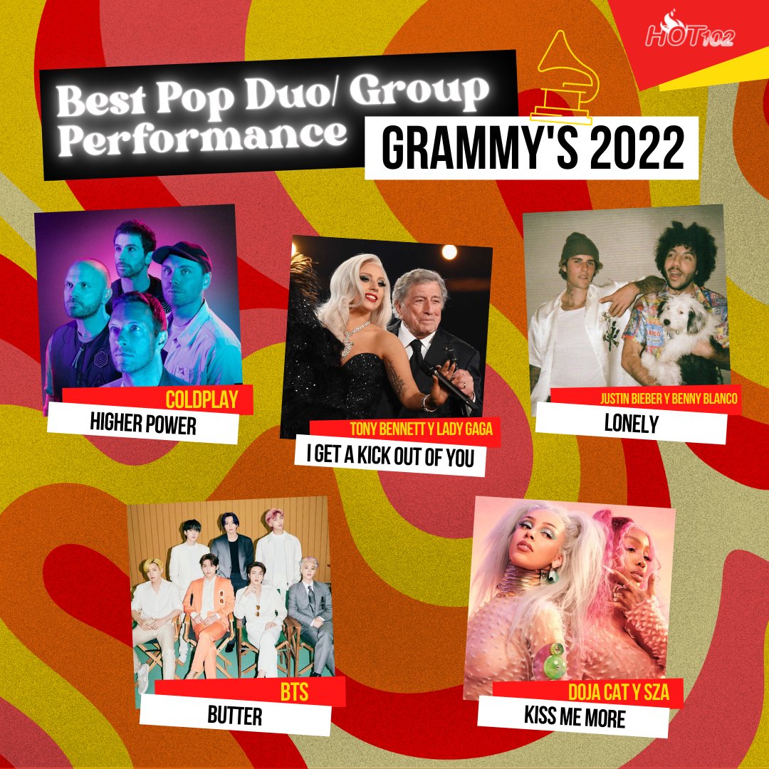 hot1025fm's tweet photo. Ya pronto se acerca la gala de los #Grammys2022. ¿Cuál es tu favorita para ganar en esta categoría?

#Coldplay #LadyGaga #LittleMonsters #TonyBennett #BTS #BTSArmy #DojaCat #Kittenz #SZA #JustinBieber #Believers #BennyBlanco https://t.co/HonXdebhS6