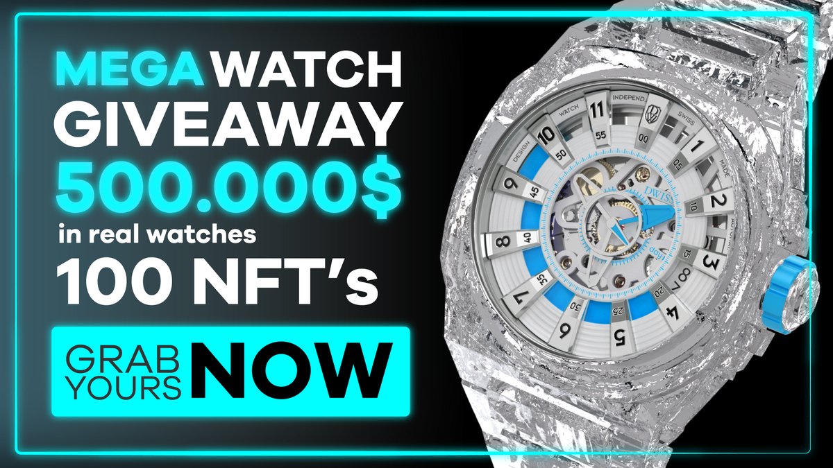 🔥 500.000$ (HALF A MILLION) IN GIVEAWAYS 🔥

YES! You heard that right! DWISS will be giving away 500.000,00 USD in real watches! 🤯

✅ Follow us
✅ Like, RT, tag 3 friends 
✅ Join the giveaway dwiss.com/giveaway

#blockchain #NFTGiveaways #NFTCommunity #NFT #NFTGiveaway