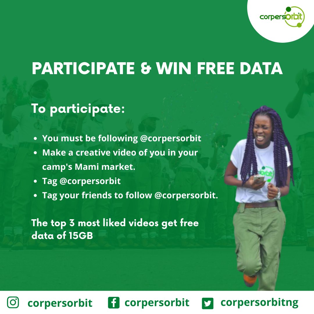 CorpersOrbitNG's tweet photo. Participate and win data worth 15GB!!

All you need to do is to; 
1. Follow us
2. Make a creative video of you in your camp's Mami market
3. Tag @corpersorbit
4. Tag your friends to follow us.
.
The top 3 most liked videos get free data of 15GB
.
Entries close on the 1st of April https://t.co/ILuqy1n5Hp