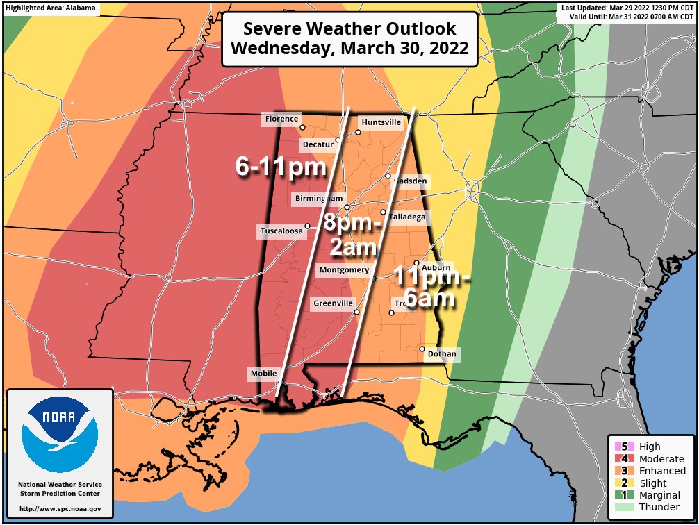 spann's tweet photo. An updated look at the severe weather threat for Alabama tomorrow night: https://t.co/npuR8gWcLK https://t.co/mIaT7MwRnp