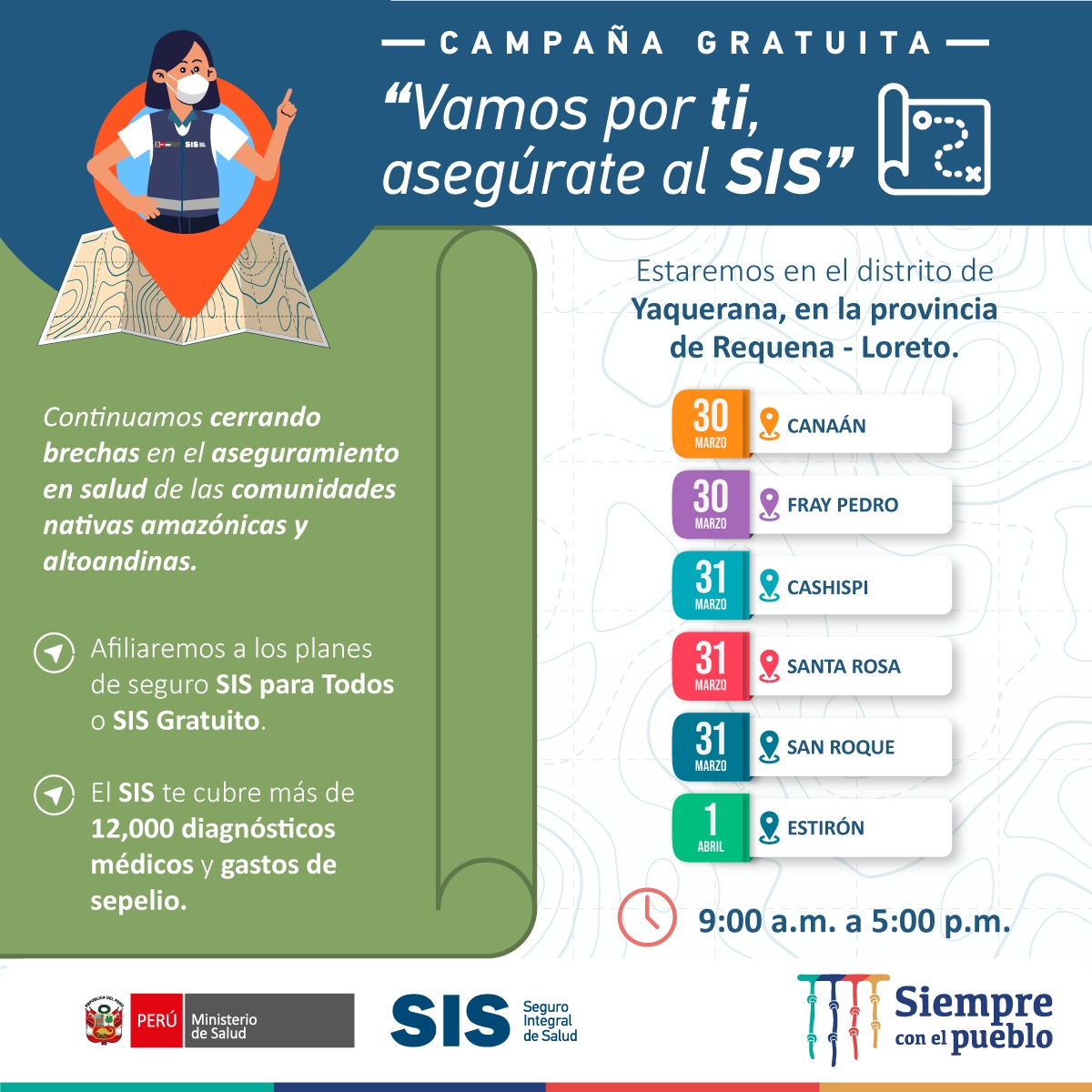 SISPeruOficial's tweet photo. #SISteInforma: Desde el 30 de marzo al 01 de abril, el SIS llegará a #Yaquerana, en Requena-Loreto, como parte de la campaña gratuita “Vamos por ti, asegúrate al SIS” que afiliará a todos los pobladores de #Canaán, Fray Pedro, #Cashispi, Santa Rosa, San Roque y #Estirón. #SISPerú https://t.co/PTCsFYRKYJ