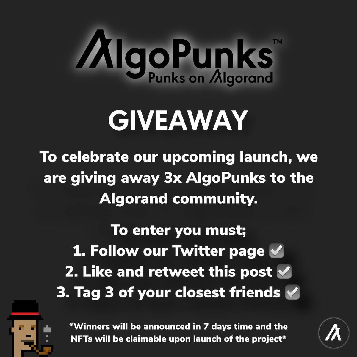 PunksOnAlgorand's tweet photo. 🚨 Giveaway Time! 🚨

400 followers let’s gooo!, To celebrate #AlgoFam we’re giving away 3 Punks 🥳🙏

TO ENTER: 
☑️ Follow our page 
☑️ Like&amp;RT the post
☑️ Tag 3 Friends 
🏅Winners will be announced in 7 days 🏅

#NFTgiveaway #NFTcommunity  $Algo #FreeNFT #Algorand #NFT #NFTs https://t.co/chQJ5JOzJj