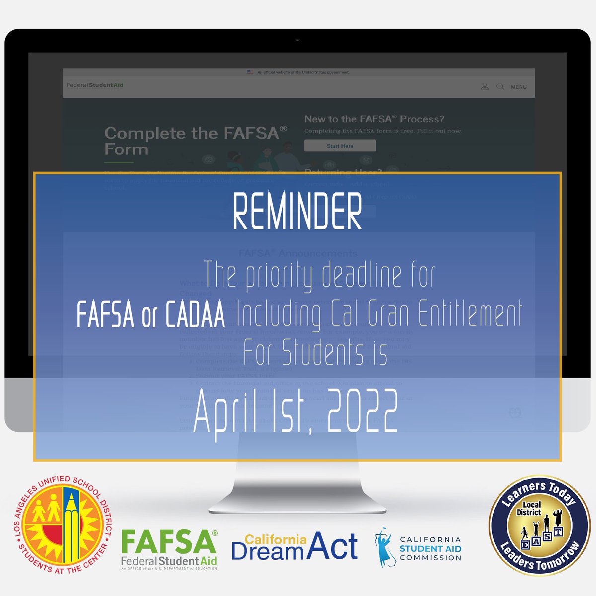 SouthGateCoS's tweet photo. Don’t let college be harder than it should be, don’t forget to apply to financial aid. Due April 1st.
#fafsa #cadaa #finacialaid #lausd #ldeast
@lausdLDE @LAUSD_Achieve https://t.co/FnAVeKXAEX