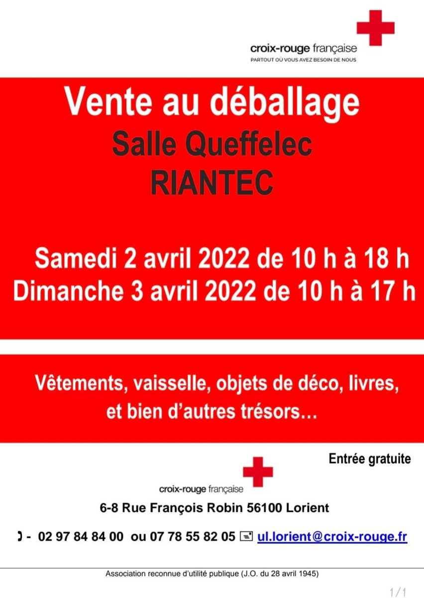 CRFLorient's tweet photo. A vos agendas!
Grande vente au déballage le samedi 2 et dimanche 3 avril à Riantec.
Entrée gratuite
Vous trouverez de quoi faire plaisir,vous faire plaisir en realisant des économies.
Vous serez accueillis par la bonne humeur habituelle de notre super équipe de la vestiboutique. https://t.co/OSQYVSPBkL
