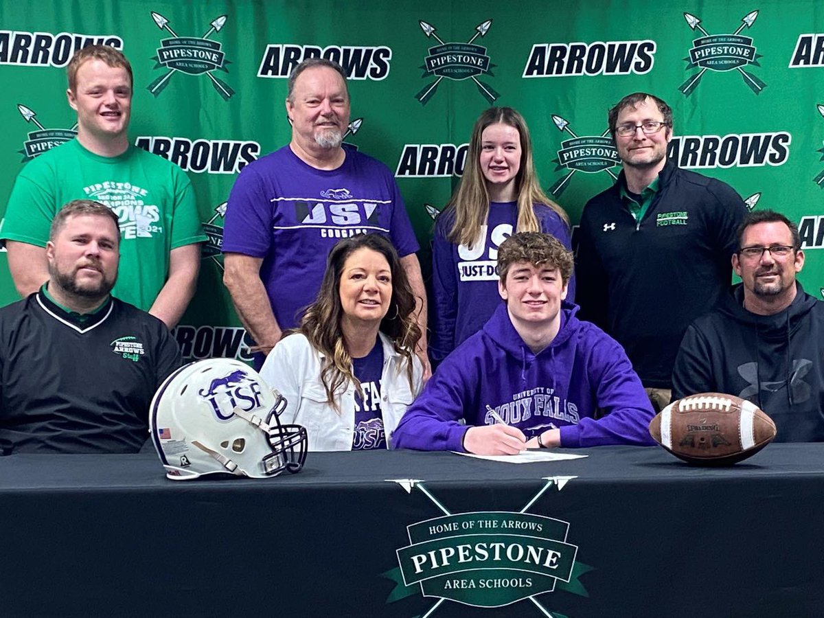 Maddox Biever signed a National Letter of Intent to study and play football at USF in Sioux Falls! Pictured below with parents Wendi Weber, Shane Biever, Pipestone head coach Scott Boomgaarden, stepfather Kelly Weber, sister Mylee Weber, Cole Maly, and Ryan Koopman. #ProudArrows