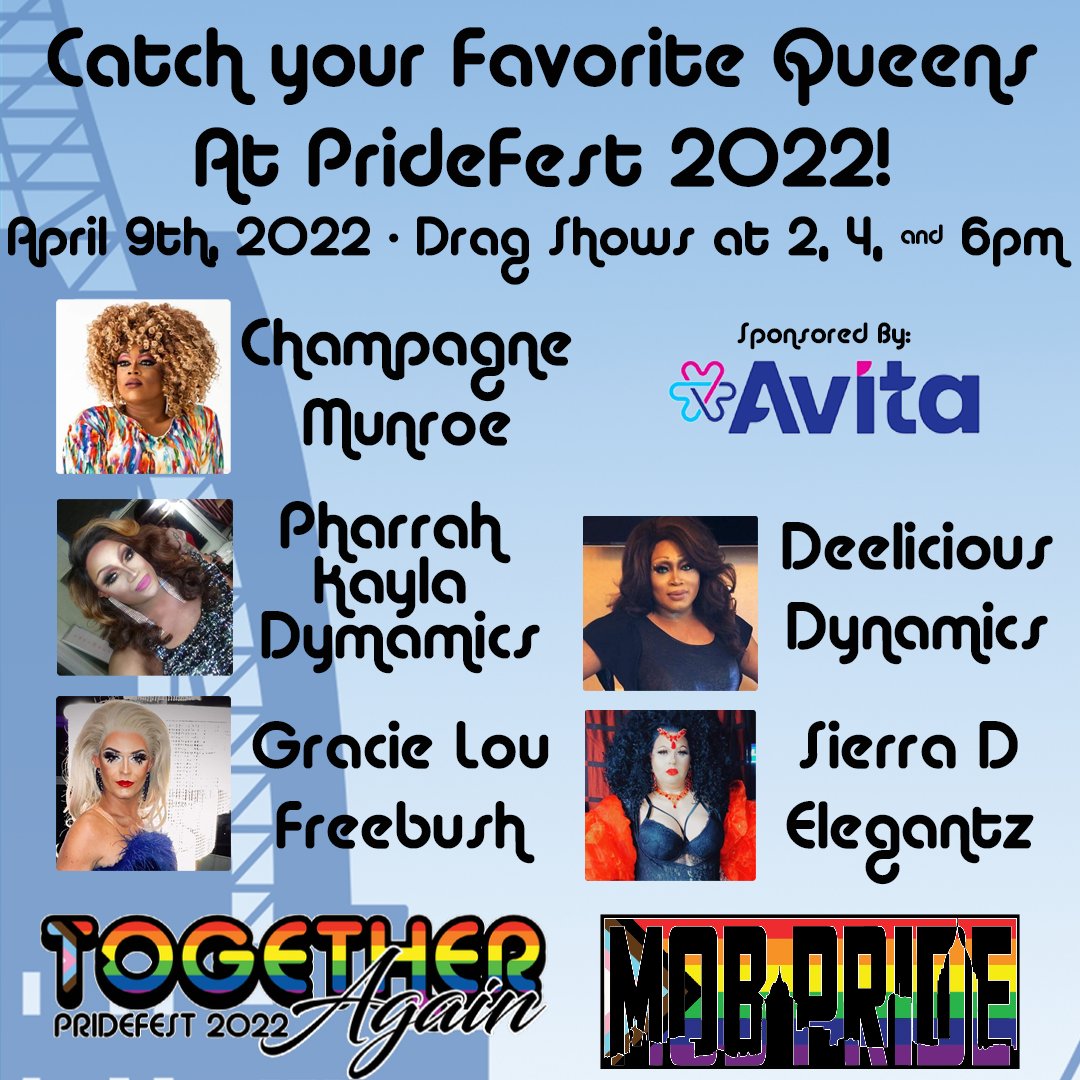 PrideOfMobile's tweet photo. Join us on April 9th for some fabulous drag shows at 2, 4, and 6pm sponsored by @AvitaPharmacy https://t.co/Q6khxHUnQ2