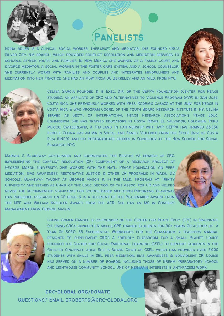 Please join us on 4/6 at 6pm (zoom) for a special 50th anniversary panel. Come hear about the long history and global impact of CRC and conflict resolution education. (Free) Register at bit.ly/35El7Uv