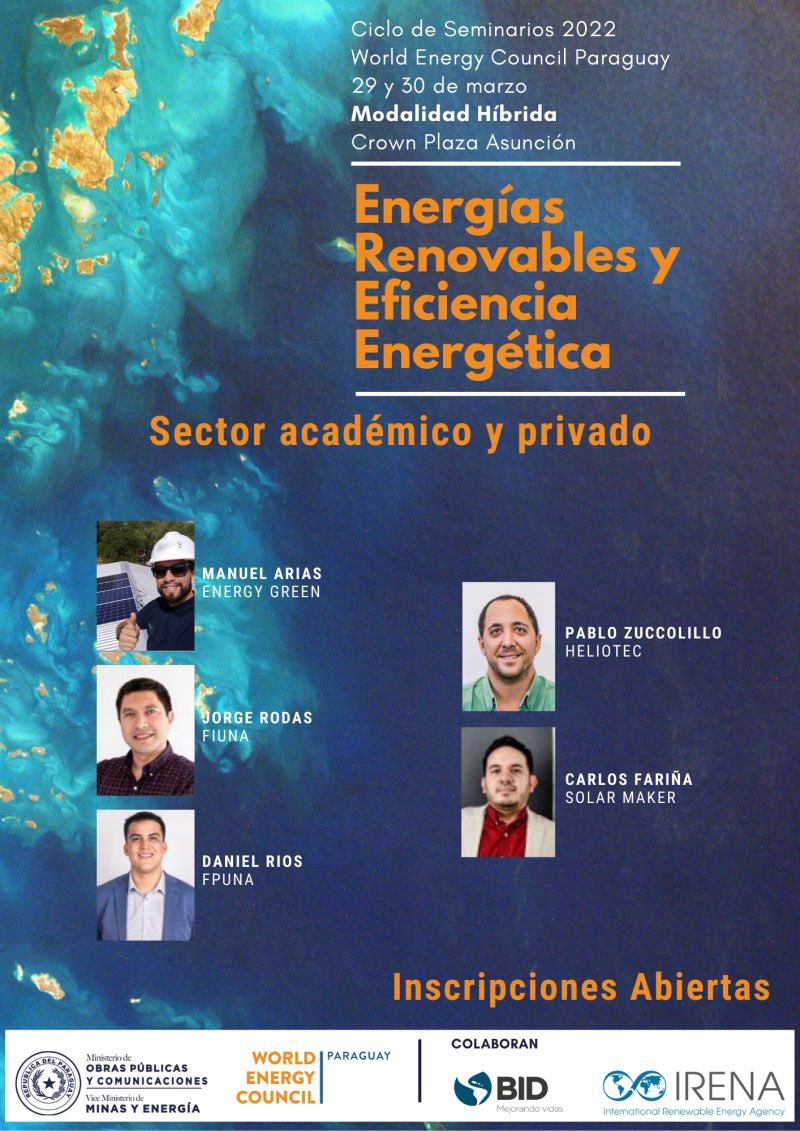 Mañana continúa el 1ro del Ciclo de Seminarios WEC-Py: Energías Renovables y Eficiencia Energética.
Todos invitados a unirse a los paneles!⚡️sector público, privado y academia en la misma conversación ⚡️ 
Registros en lnkd.in/etw429jY
<a href="/ViceMinas/">Viceministerio de Minas y Energía</a> <a href="/WECouncil/">World Energy Council</a>