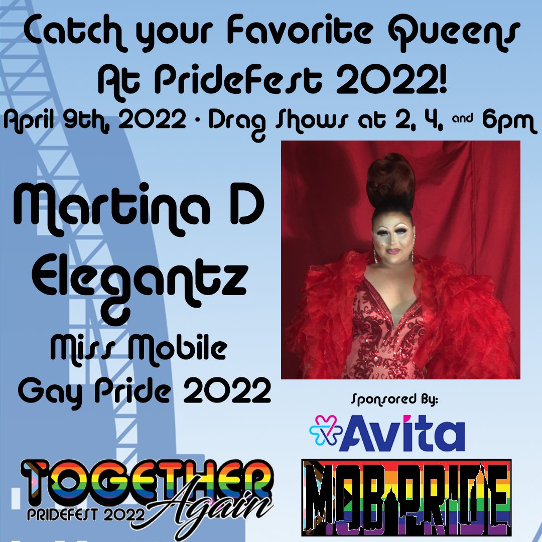 PrideOfMobile's tweet photo. Your Miss Mobile Gay Pride 2022 is Martyna D Elegantz! Join us on April 9th for some fabulous drag shows at 2, 4, and 6pm sponsored by @avitapharmacy. https://t.co/aSzOKMbpfn